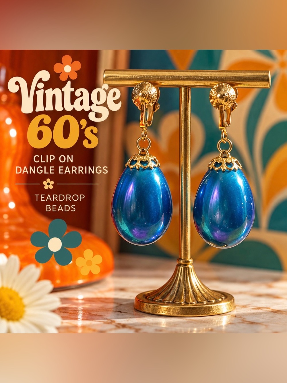 Vintage 60s- Blue Teardrop Earrings with Gold Accents- clip on - rare